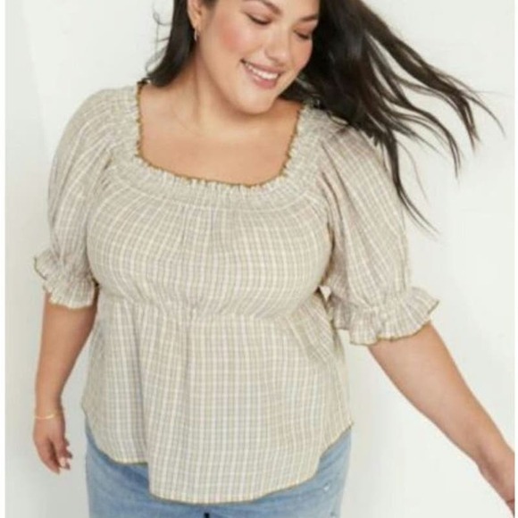 Old Navy Tops - Old Navy NWT smocked plaid puff short sleeve baby doll top woman's size XL
